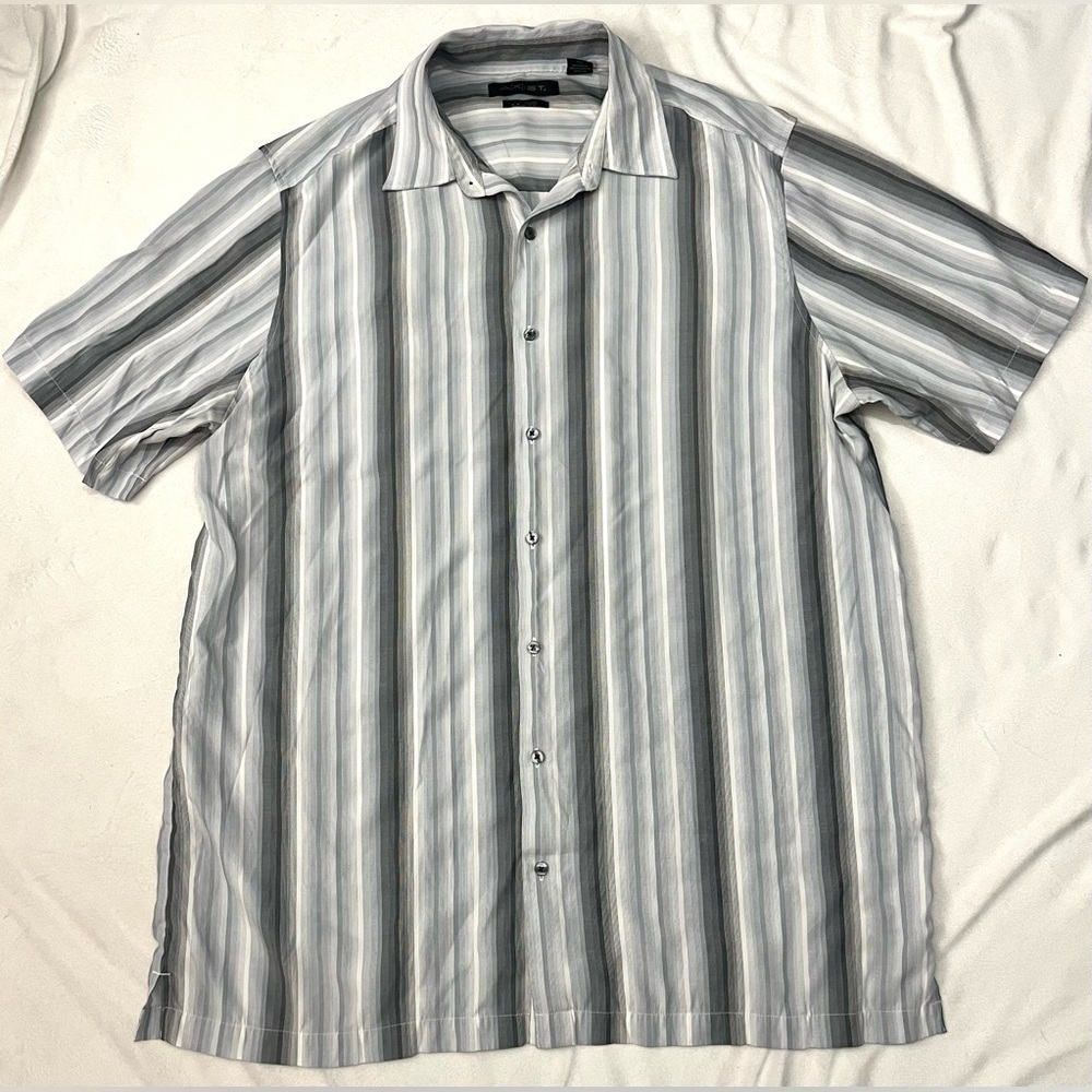 Axist Silk Touch Striped Gray White Men's Short Sleeve Button Up Shirt XL Tall